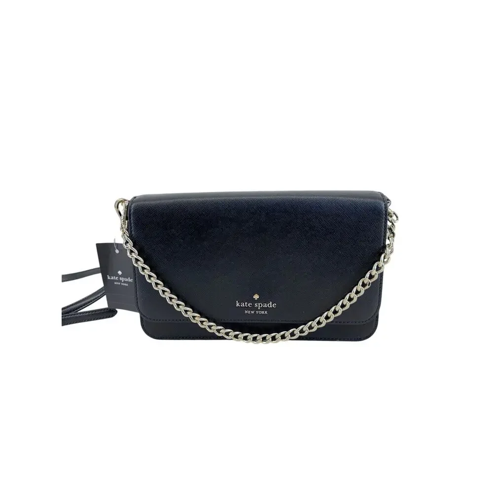 Kate Spade Madison Saffiano Leather Flap Crossbody Black  Strap Bag gold chain